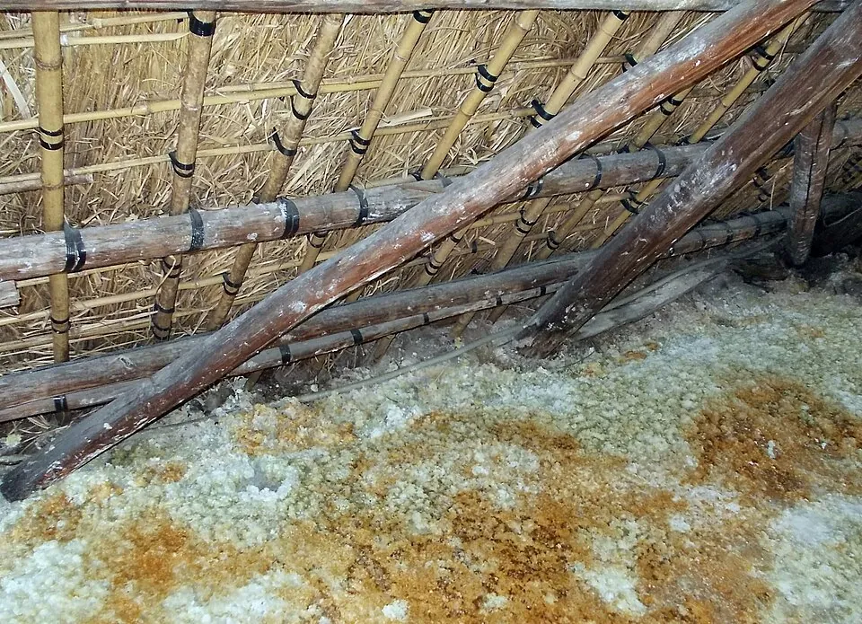 Белые и рыжеватые кристаллы юнохана под соломенной крышей хижины